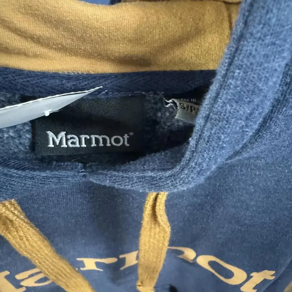 Marmot Logo Hoodie, Blue with Yellow Detail, Mens Small - Picture 3 of 6